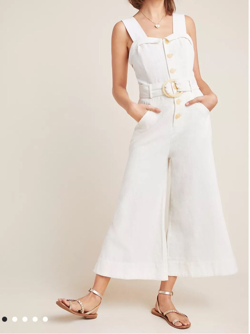 Anthropologie Cream Wide-Leg Belted Jumpsuit